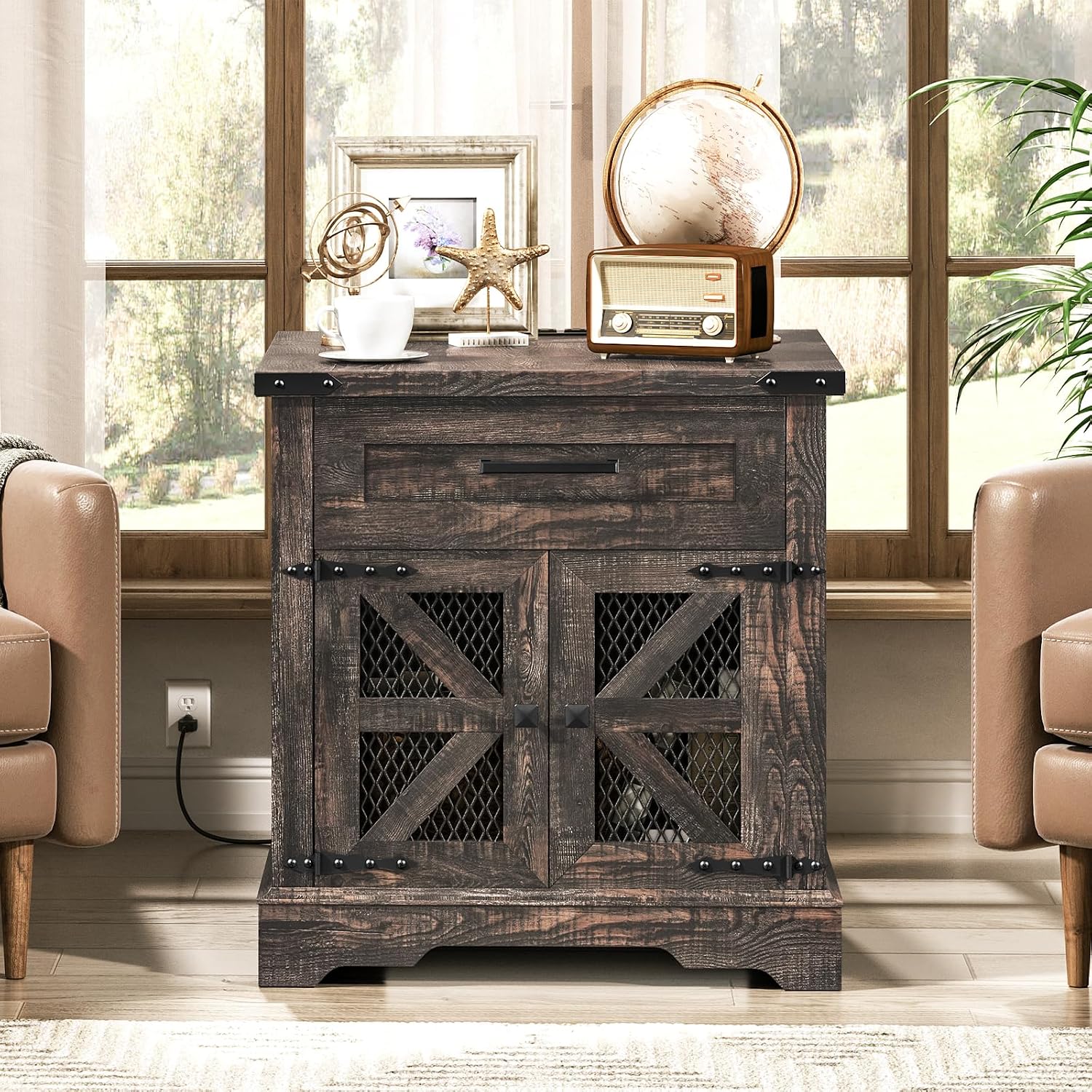RALGEND Farmhouse End Table with Charging Station, 24' Large Sofa Side Table with Drawer, Large End Table for Living Room, Wooden Nightstand with Outlet, Square, Dark Rustic Oak