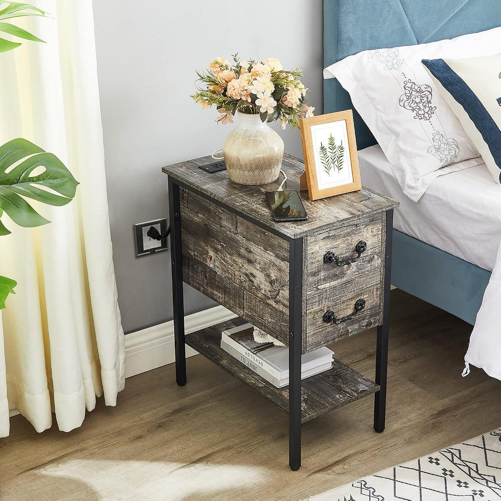 VECELO End Tables,Narrow Nightstands with Charging Station & USB Ports &Drawers,Night Stand for Living Room, Bedroom,Misty Gray