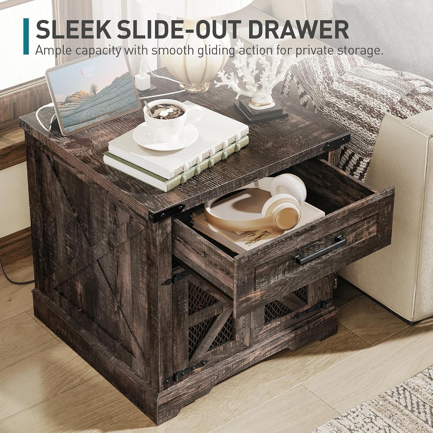 RALGEND Farmhouse End Table with Charging Station, 24' Large Sofa Side Table with Drawer, Large End Table for Living Room, Wooden Nightstand with Outlet, Square, Dark Rustic Oak