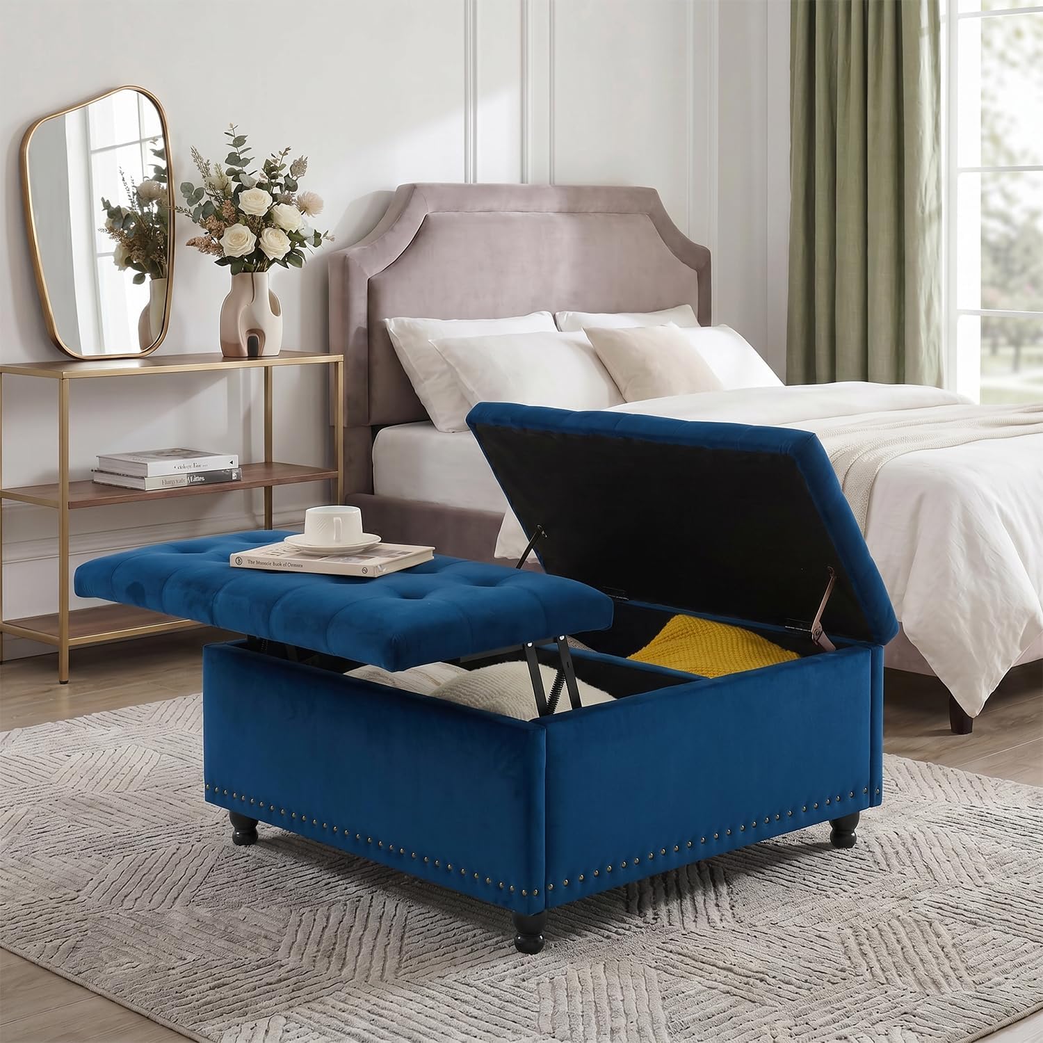 Tbfit Large Square Storage Ottoman Bench, Tufted Upholstered Coffee Table Ottoman with Lift Top & Wooden Legs, Oversized Storage Ottomans Toy Box for Living Room (Blue Velvet)
