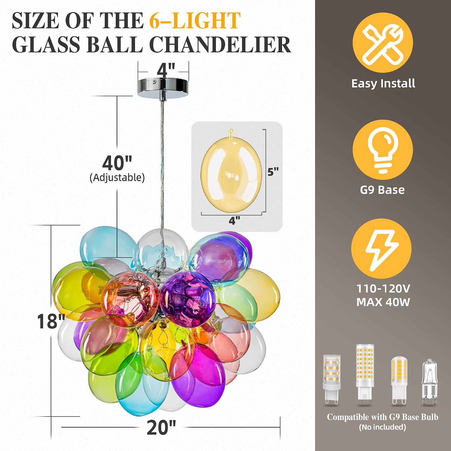 Semi Flush Mount Bubble Chandelier,Close to Ceiling Light Fixtures,16' Modern Bubble Balloon Glass Chandelier with Colorful Globe Glass Shades Pendant Light (Colorful Chandelier, 20 inch)