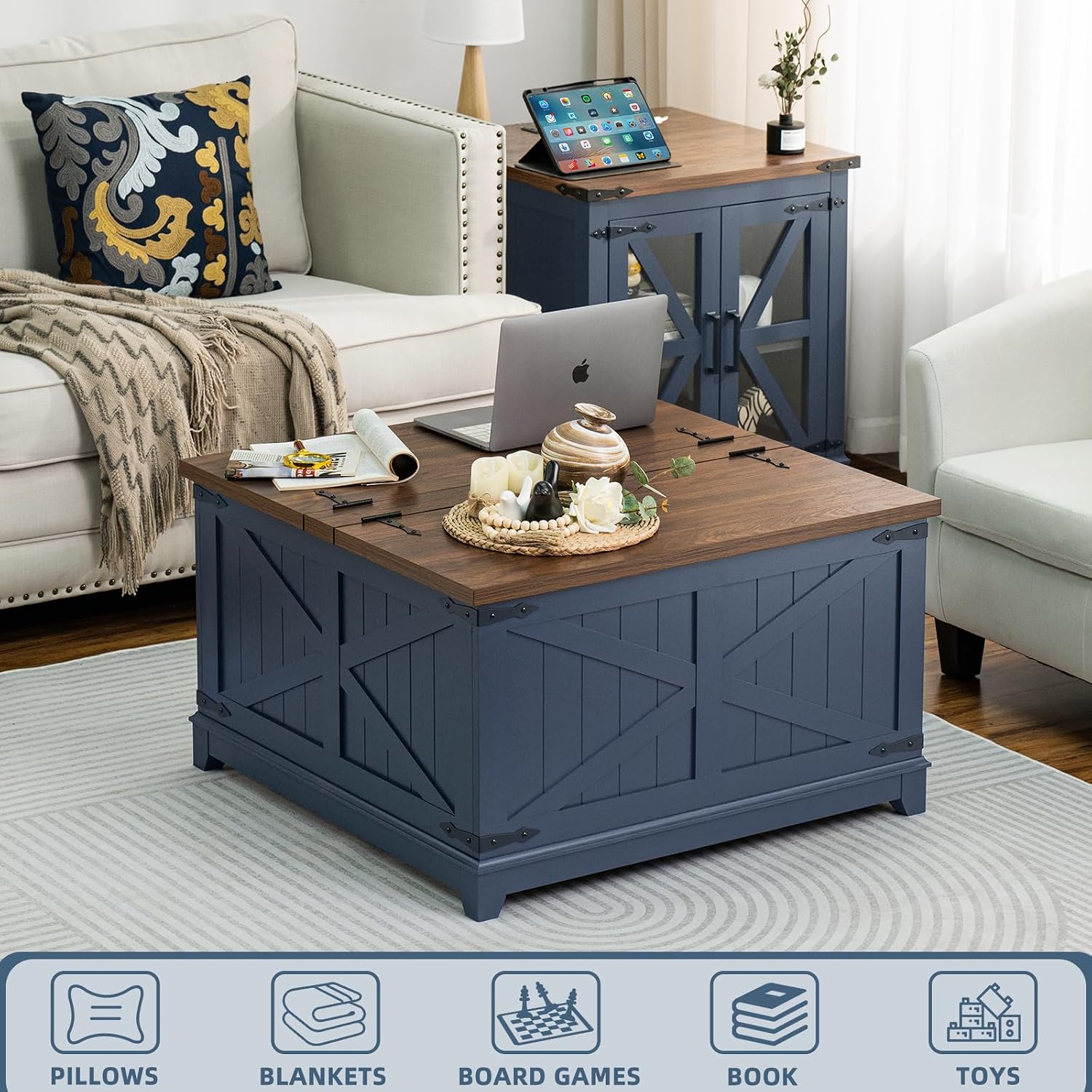 Joaxswe Farmhouse Coffee Table Sets 3 Pieces, Narrow Night Stand with Glass Barn Door Storage, Large Coffee Tables with Hidden Storage Organizer, Wood Furniture Sets for Living Room, Office, Blue