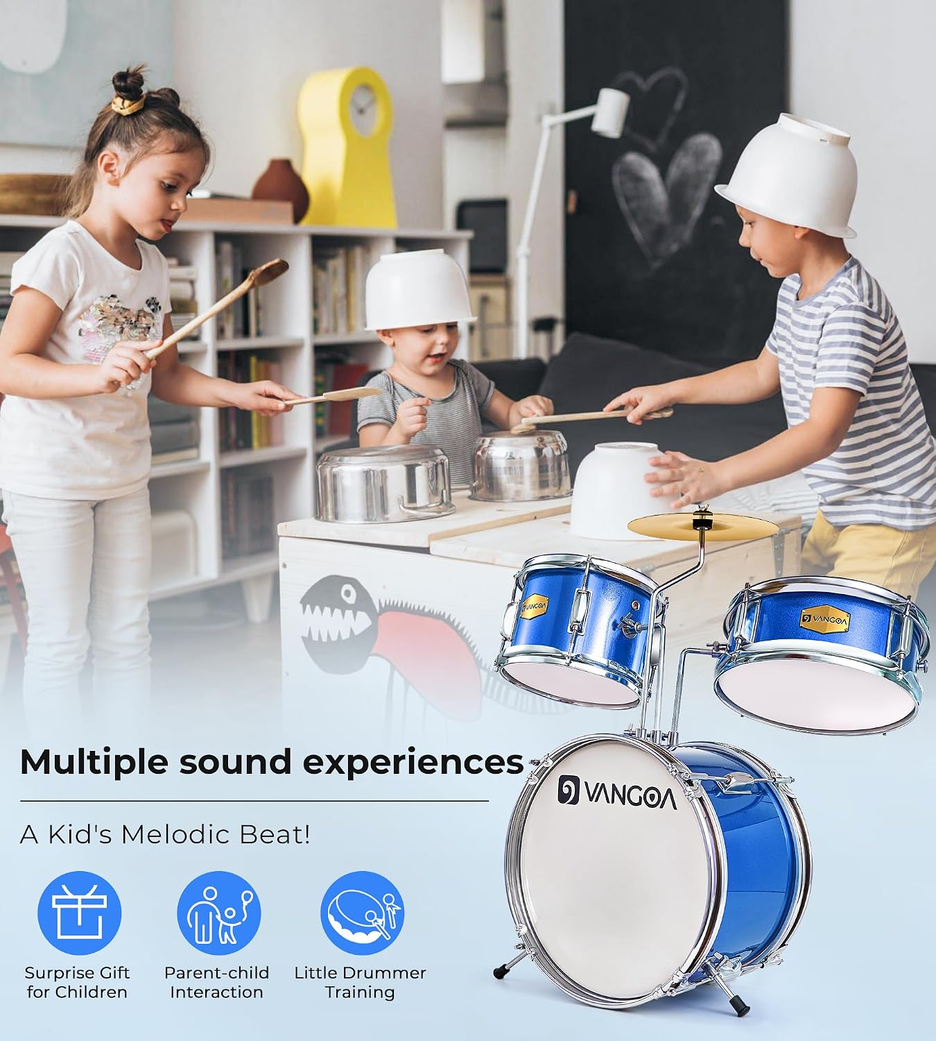 Kids Drum Set, 14 Inch Beginner Drum Kits, 3 Piece Drum Set for Kids Boys Girls, with Adjustable Throne, Cymbal Pedal, Drumsticks, Blue