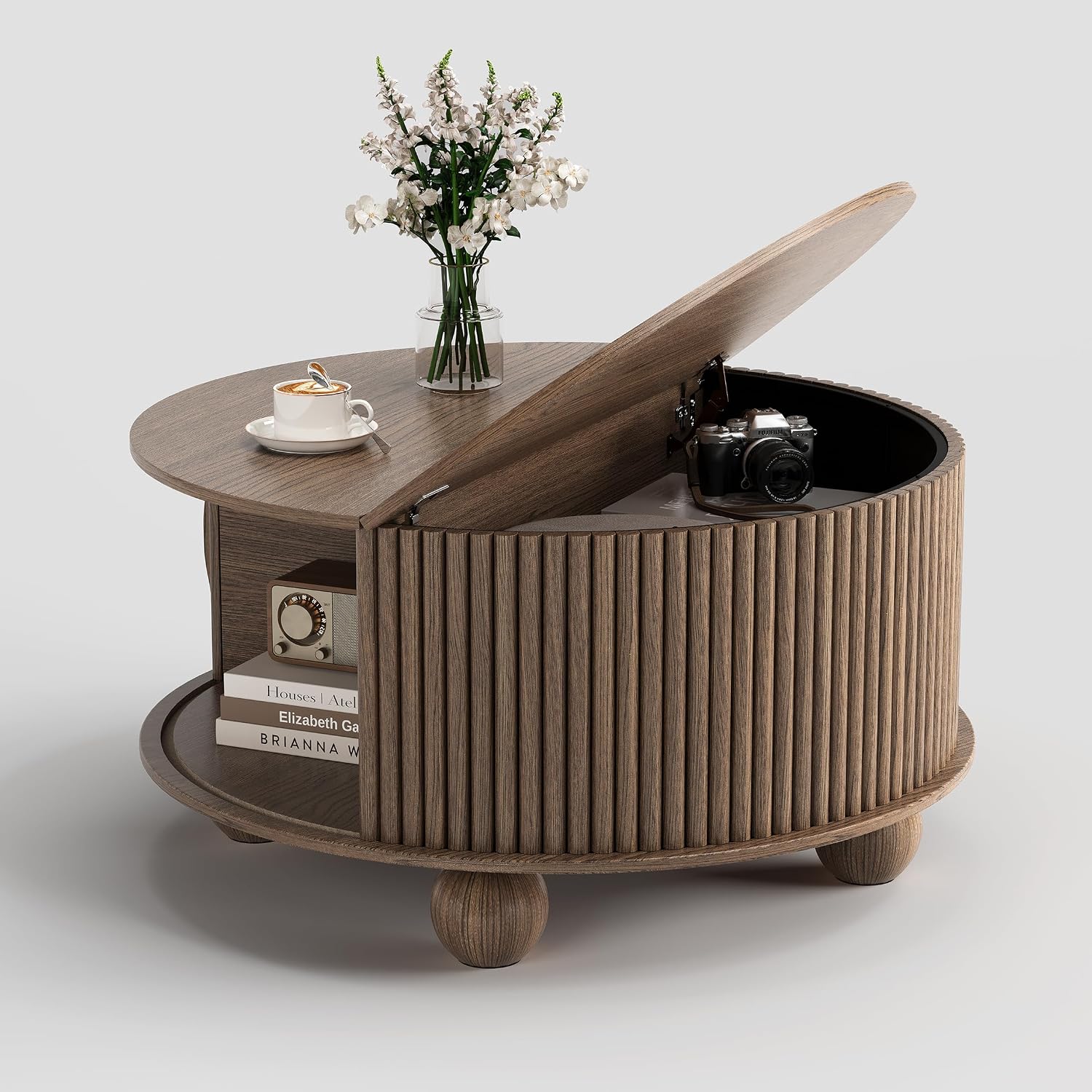 Round Coffee Table with Storage, 31.5' Mid Century Modern Coffee Table with Sliding Door & Bun Feet, Minimalist Fluted Center Table for Living Room, Home Small Space, Walnut