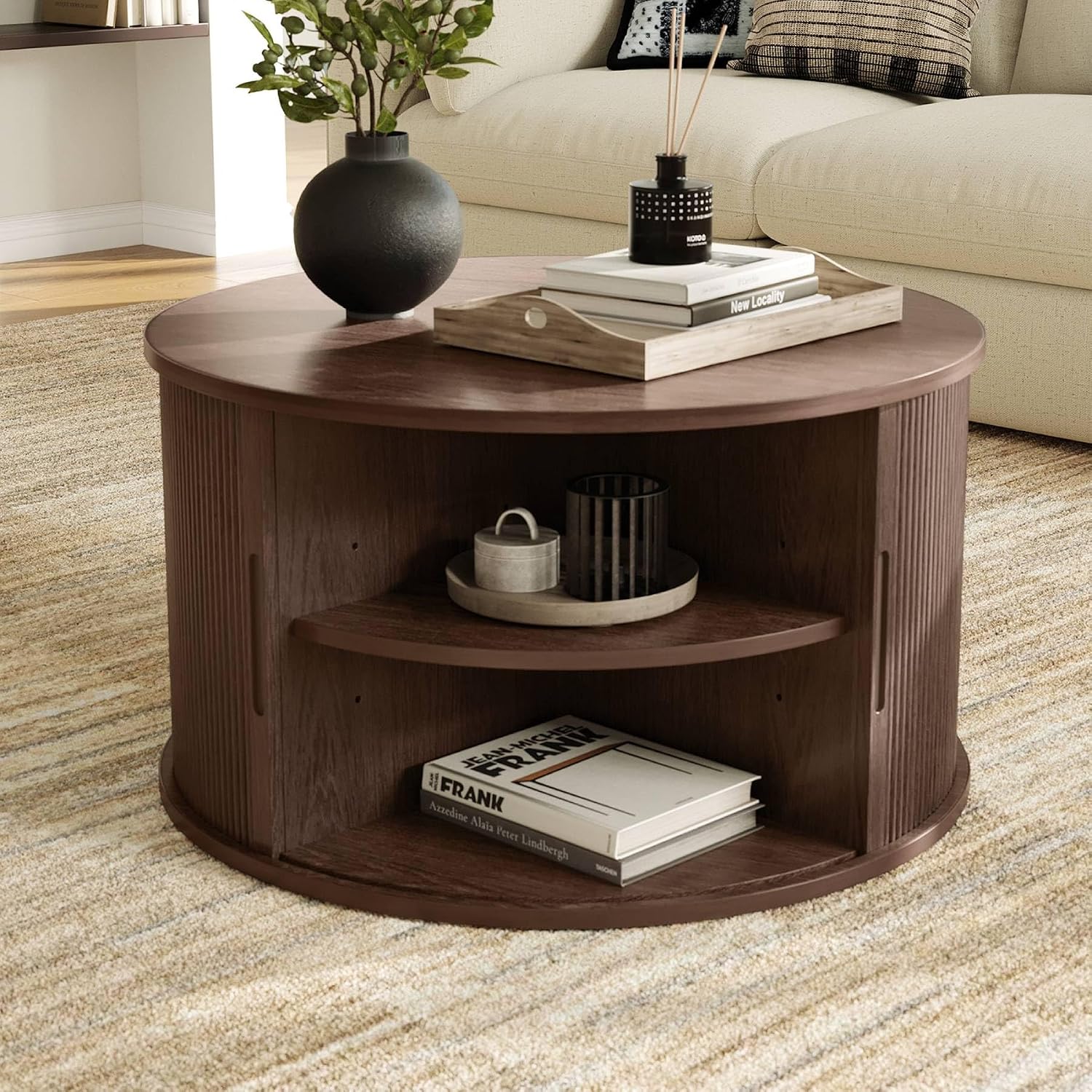 LINSY HOME Round Coffee Table, 31.5' Drum Coffee Table with Sliding Tambour Door, Fluted Accent Center Table with Storage, Mid Century Modern Coffee Table for Living Room, Walnut