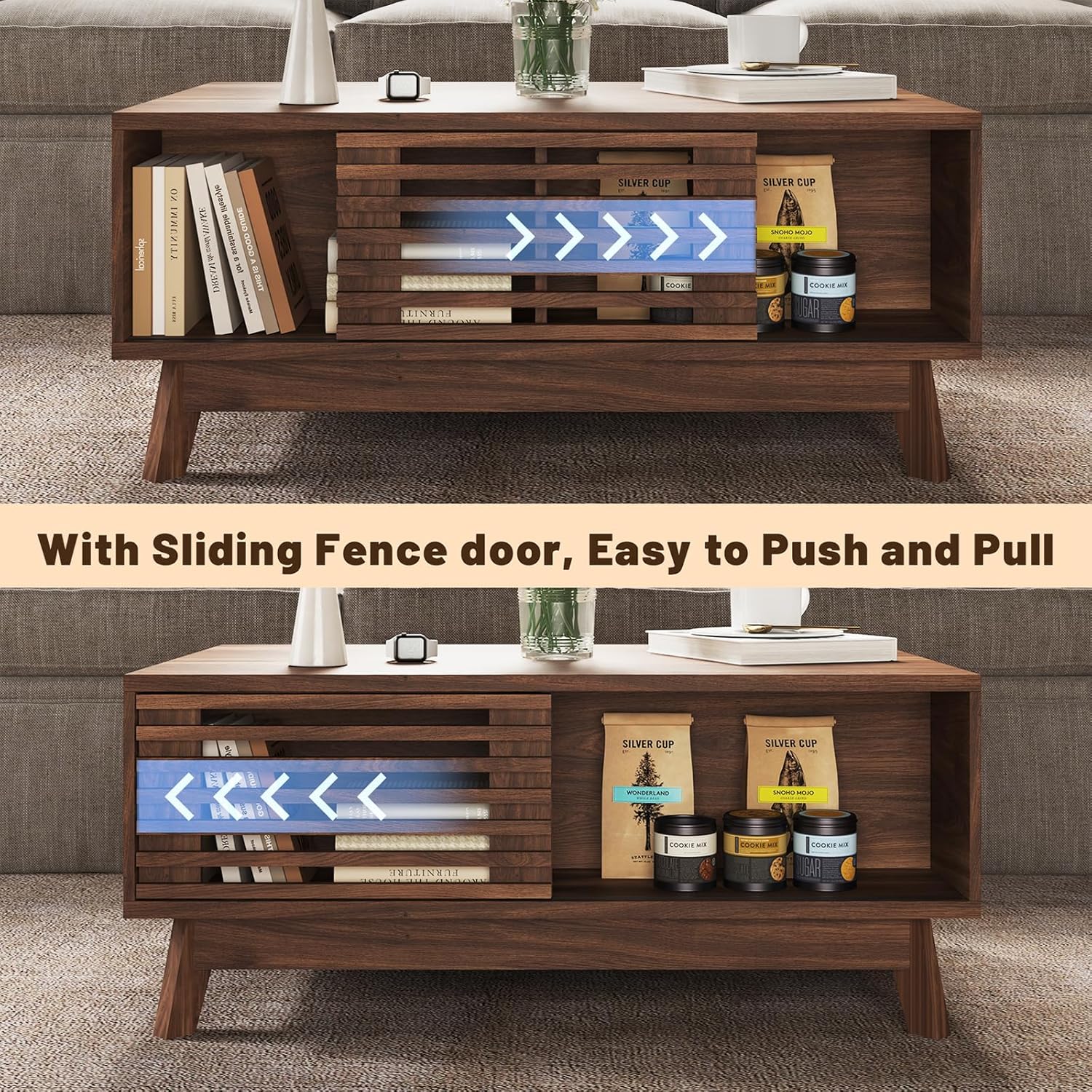 HAIOOU Lift Top Coffee Table, Mid Century Modern Coffee Table with Storage for Living Room, 35.4'' Walnut Coffee Tables with Sliding Fence Door (Brown)
