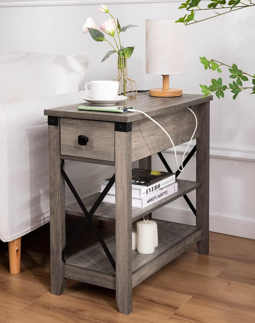 Awescuti Narrow End Table with Charging Station - Farmhouse Slim Side Table Set of 2, w/USB Ports Power Outlets, Nightstand w/Flip Top Storage Drawer, for Small Spaces Living Room Bedroom, Gray