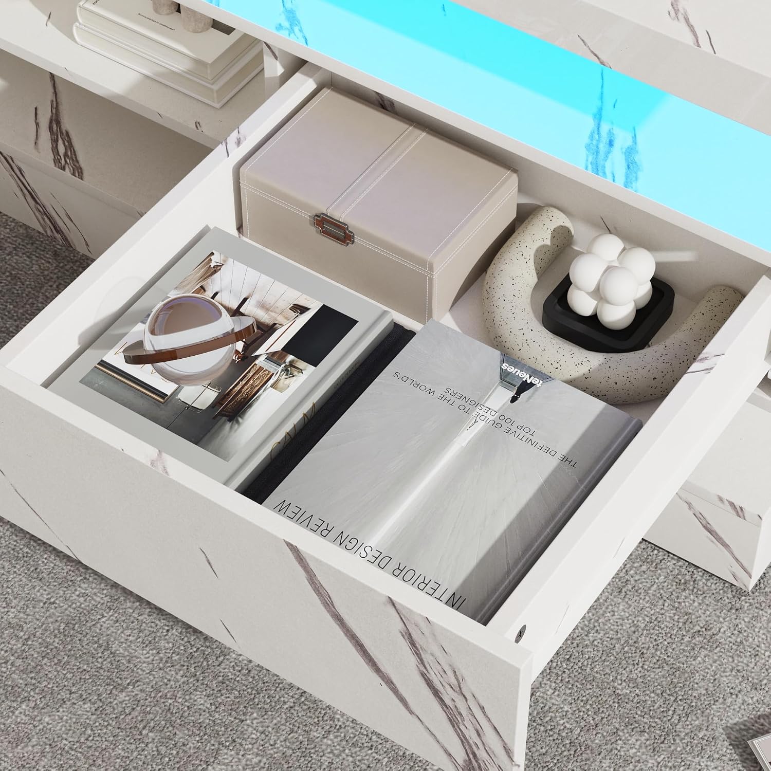 47.2 inch Modern High Glossy LED Coffee Table with 2 Sliding Drawers, Double-Layer Center Tables with LED Lights for Livings Room Furniture, White