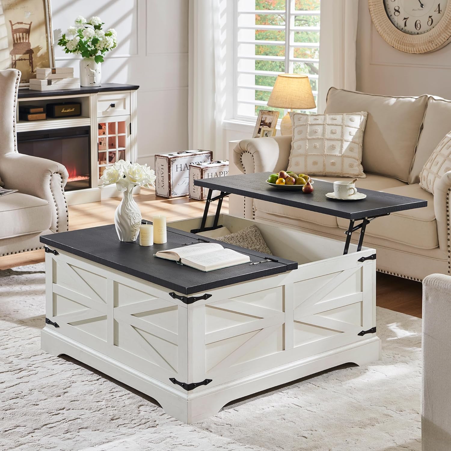 JXQTLINGMU 36' Lift Top Coffee Table with Storage, Farmhouse Square Center Table with Large Hidden Compartment, Wood Lift Tabletop Dining Table for Home Living Room, White