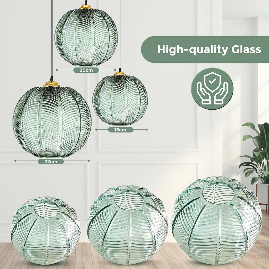 GWY Green Pendant Light, 3 in 1 Large Glass Pendant Light Fixtures E26 E27 Mid Century Modern Chandelier Ribbed Blown Glass Globe Shade Hanging Light Ceiling Light for Living Room Restaurant Bar