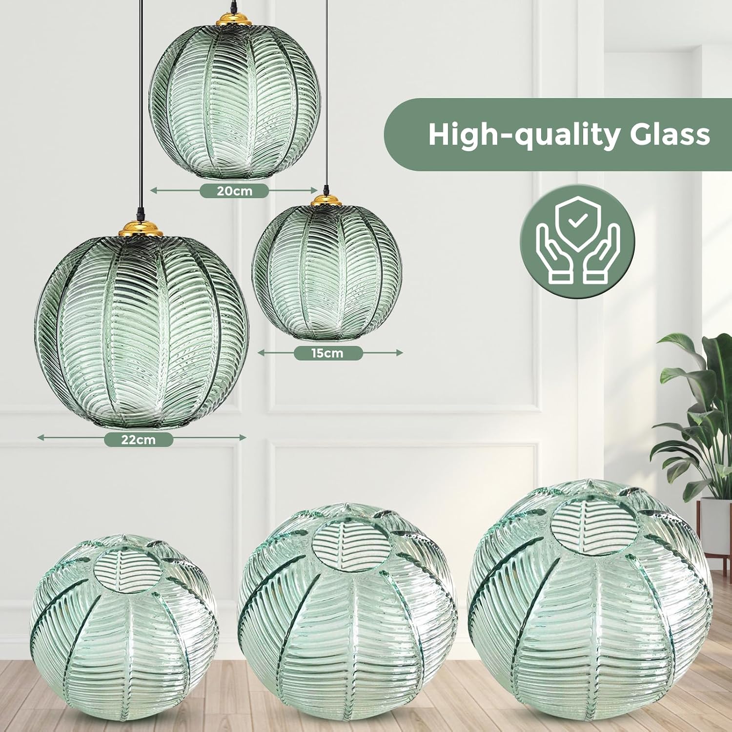 GWY Green Pendant Light, 3 in 1 Large Glass Pendant Light Fixtures E26 E27 Mid Century Modern Chandelier Ribbed Blown Glass Globe Shade Hanging Light Ceiling Light for Living Room Restaurant Bar