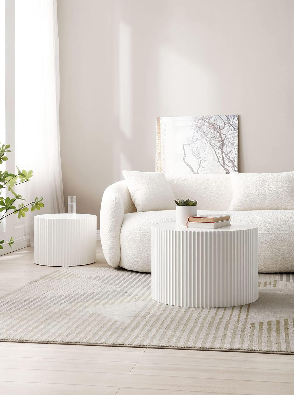 Round Nesting Coffee Table Set of 2, 23.6' MDF Nesting Tables with Roman Column Design, Modern Handcrafted Wooden Drum Accent Tables for Living Room, No Assembly Required (White)