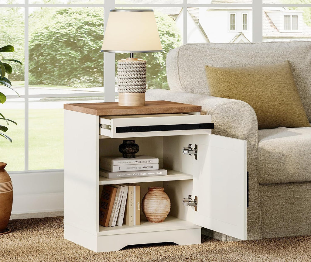 WAMPAT End Table, Pedestal Side Table with Drawer and Cabinet Wood Bedside Table Nightstands for Living Room Bedroom，Cream White