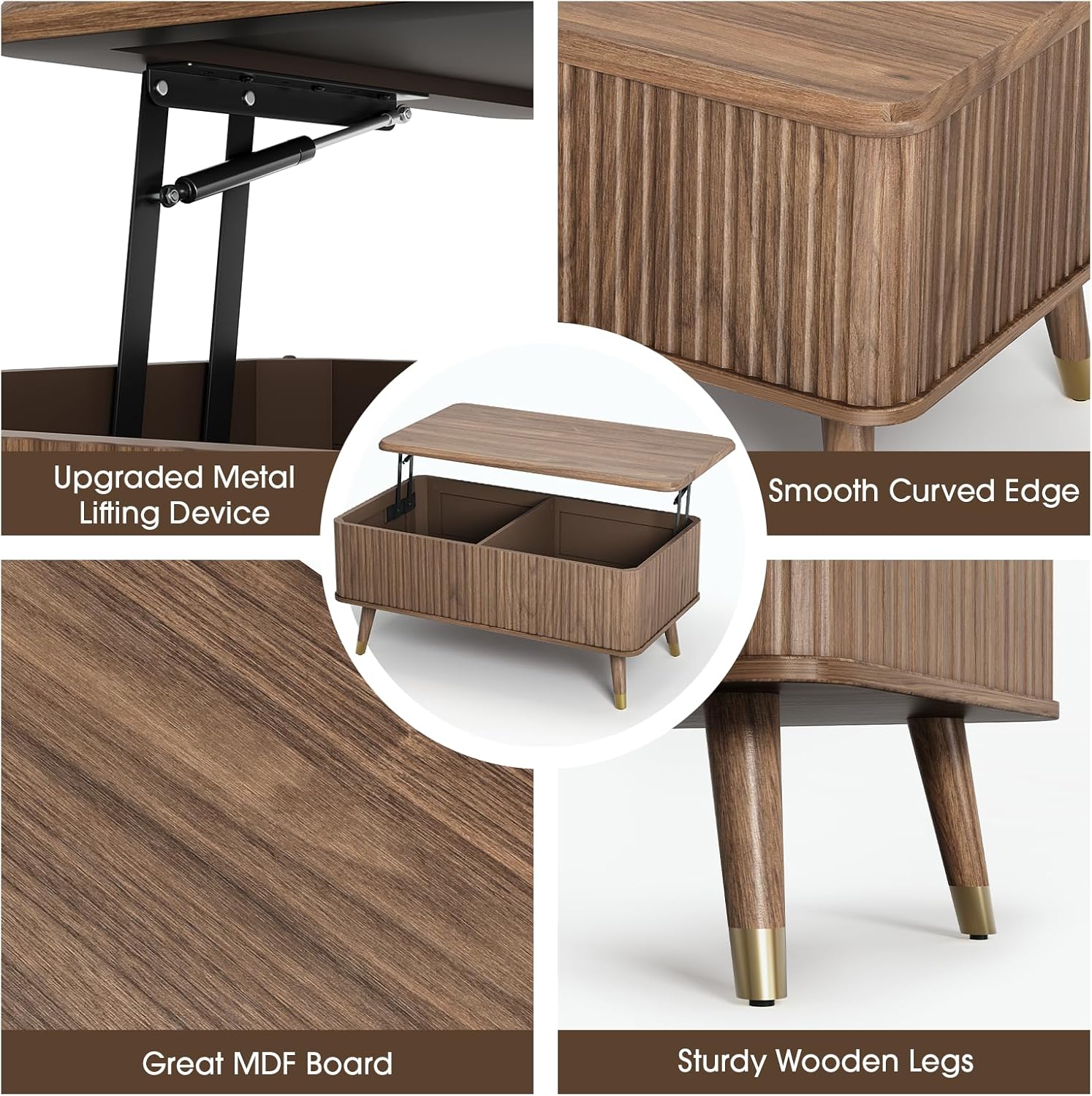 Lift Top Coffee Table with Storage, Mid Century Modern Coffee Table with Solid Wood Legs, 38' Minimalist Fluted Center Table for Living Room, Home Office, Walnut