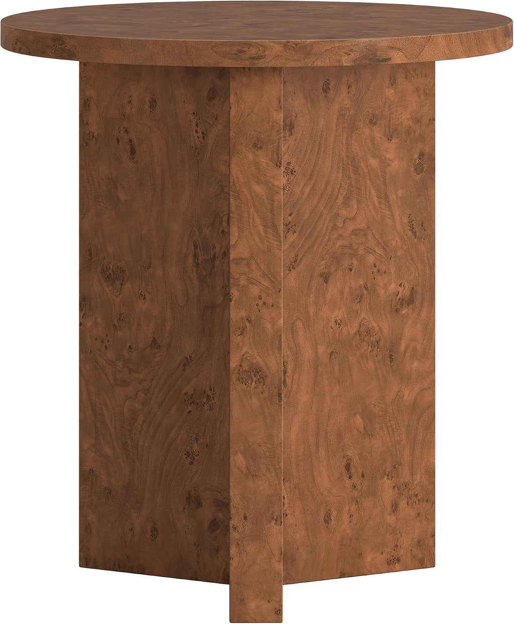 Henn&Hart 20' Scandinavian Round Wooden End Table, Side Table, Nightstand with X-Base for Living Room, Office, Family Room, or Bedroom, Chestnut Burl