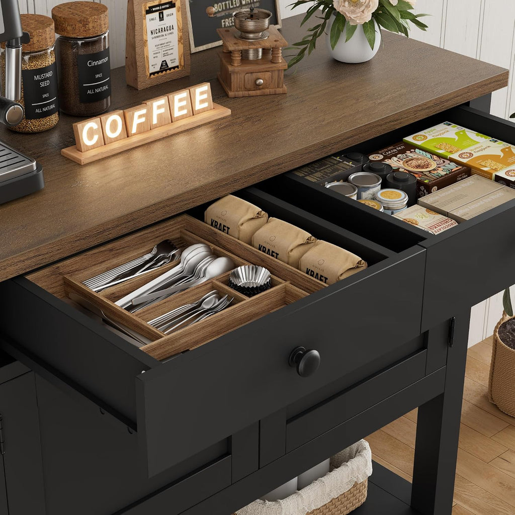 HOSTACK Farmhouse Console Table with 2-Door Cabinet & 2 Drawers, Coffee Bar, Entryway Table with Storage Shelf, Sofa Tables Buffet Sideboard for Kitchen, Hallway, Dining, Living Room, Black