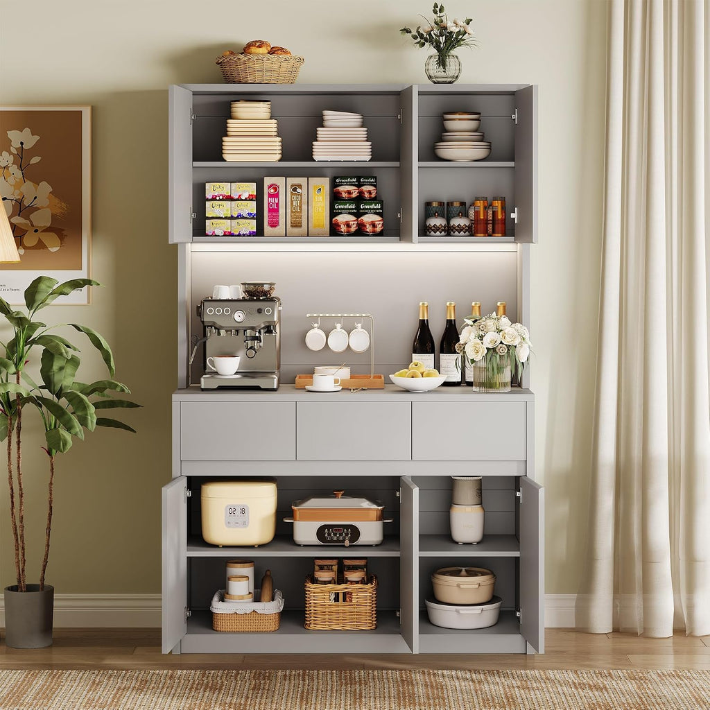 71' Kitchen Pantry Cabinet,Tall Storage Cabinet with Doors & Shelves Adjustable, Kitchen Storage Hutch with Microwave Shelf,Coffee Bar,Led Lights&Charging Station,Corner Pantry Cabinet for Living Room