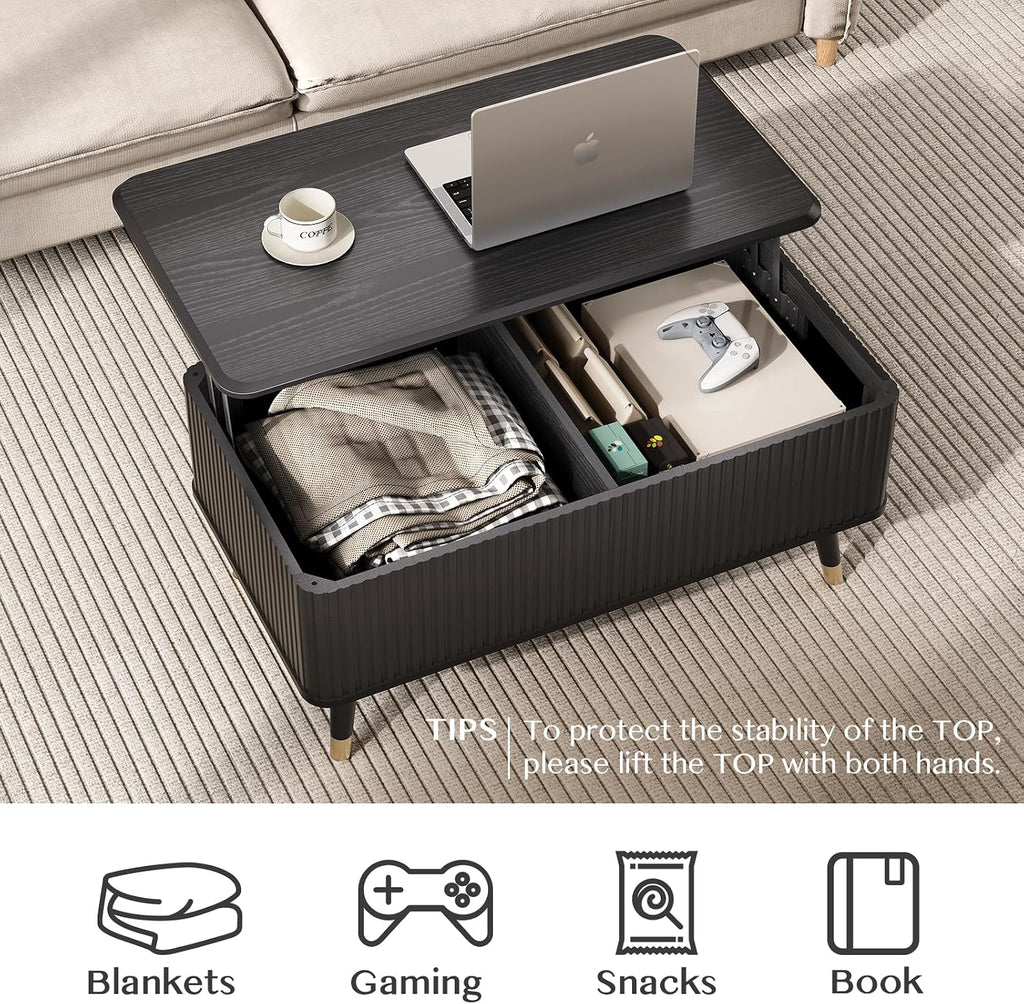 Lift Top Coffee Table with Storage, Modern Coffee Table with Solid Wood Legs, 38' Minimalist Fluted Center Table for Living Room, Home Office, Black