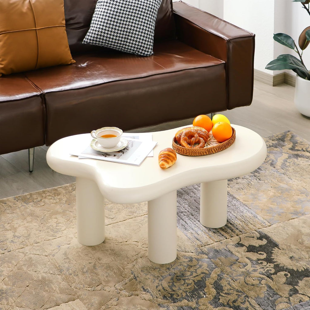 34'(L) Cloud Coffee Table, Modern Wood Coffee Table for Living Room, Accent Center Tables with 3 Legs, Small Tea Tables for Balcony, Patio, Bedroom, Cream White