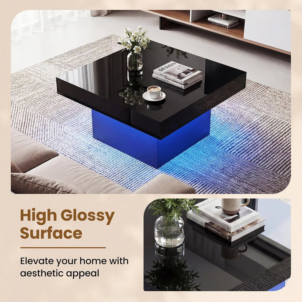 GOFLAME LED Coffee Table for Living Room, 35.5' Square Center Table with Storage, Adjustable Light Colors, Speed & Brightness, Remote Control, Modern High Glossy, Wooden Accent Tea Tables (Black)