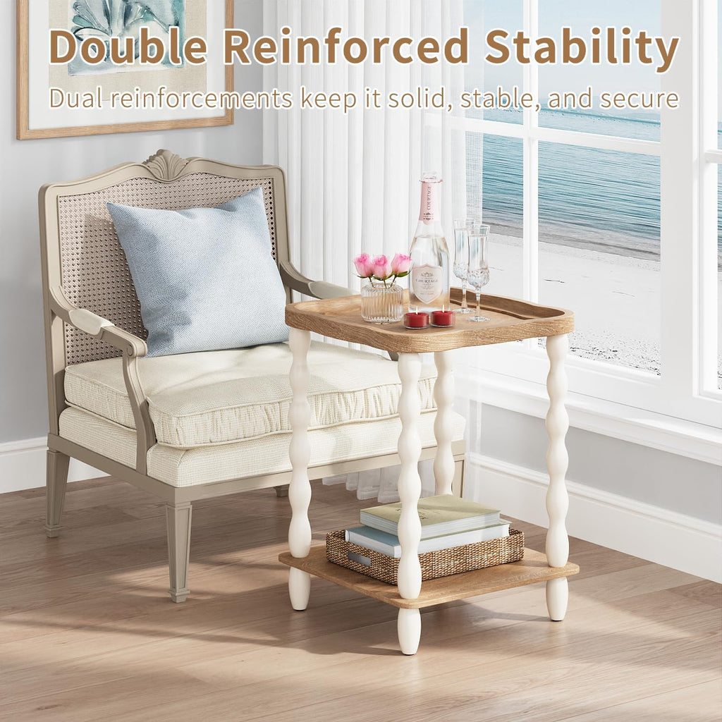 karlott End Table, 2-Tier Farmhouse Side Table, 18.9'' Handcrafted Weathered Wooden Nightstand, Pine Leg, Square Arc Small End Tables for Living Room, Small Space, Bedroom, Boho, Easy Assembly, Beige