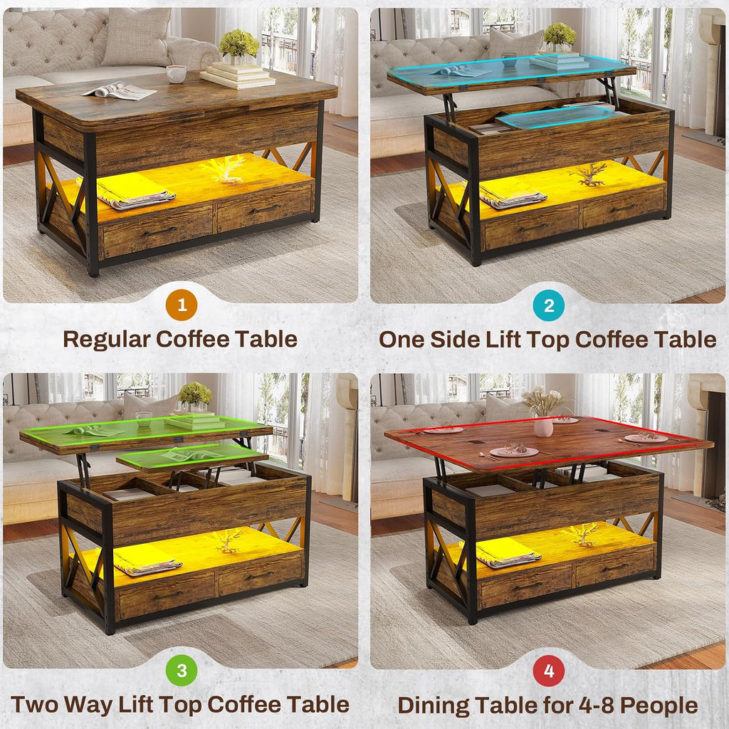 Itaar 40' Lift Top Coffee Table, 4 in 1 Coffee Tables with Storage for Living Room, Small Farmhouse Coffee Table with 2 Drawers & LED Light for Dining Reception Room, Rustic Brown