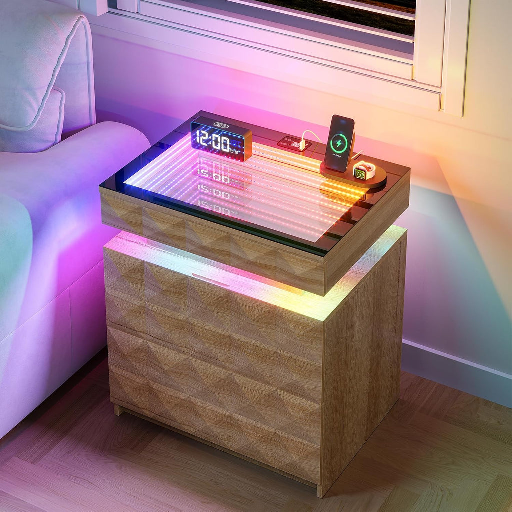 Wood Night Stand with Charger Station & RGB Lights, LED Bedside Table with Tempered Glass, Sliding Top, 3 Drawers and Hidden Storage, End Side Table for Bedroom Livingroom