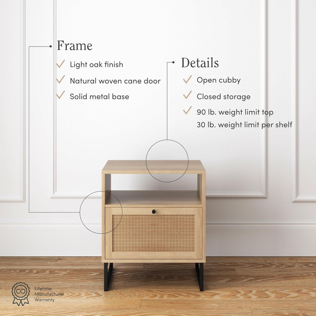Nathan James Mina Side, End or Accent Table in a Natural Oak Wood Finish & Matte Black Accents with Storage for Living Room or Nightstand for Bedroom, Oak/Black, Set of 2