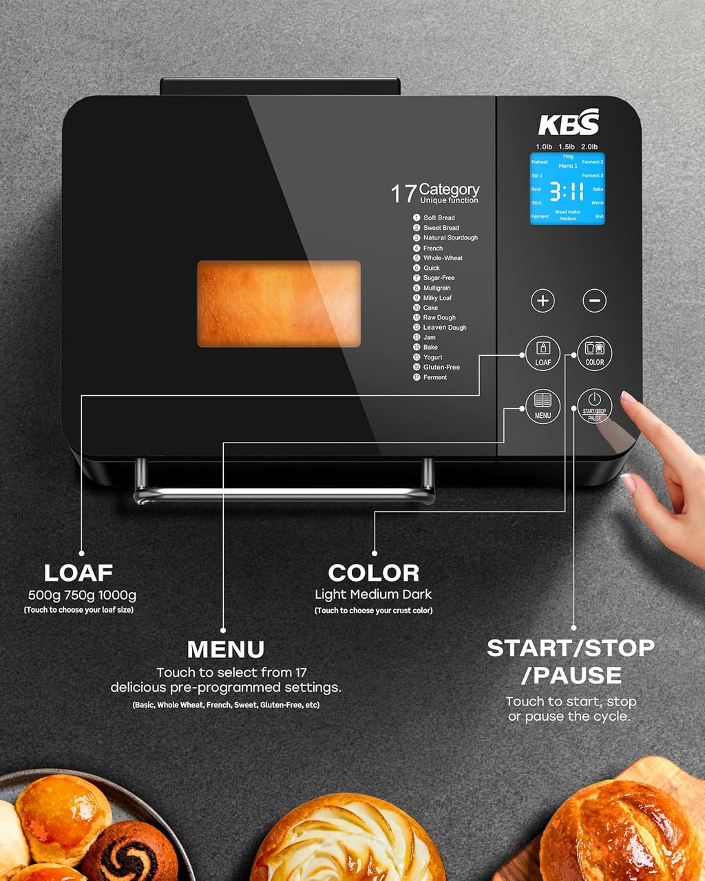 KBS Premium 2LB Convection Bread Maker Dual Heaters, 710W Stainless Steel 17-in-1 Bread Machine Healthy Ceramic Pan, Nut Dispenser,Touch Panel, 3 Loaf Sizes 3 Crust Colors, 15H Timer,Low Noise,Recipes