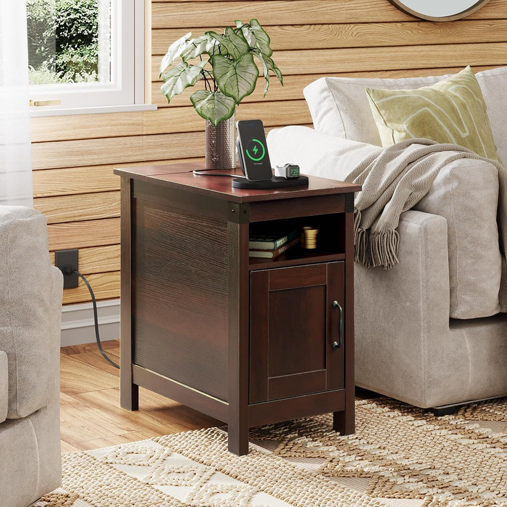 WLIVE Narrow End Table Set of 2 with Charging Station, Side Tables for Living Room, Small Spaces, Couch, Night Stand Set with Storage, USB Ports and Outlets,Brown