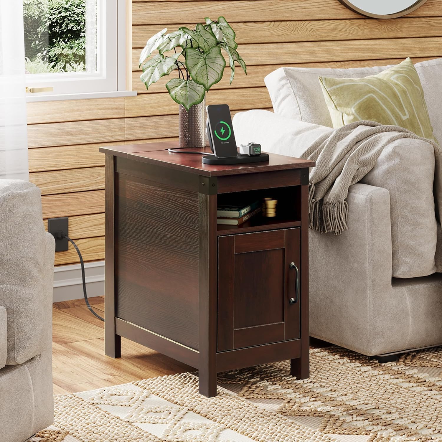 WLIVE Narrow End Table Set of 2 with Charging Station, Side Tables for Living Room, Small Spaces, Couch, Night Stand Set with Storage, USB Ports and Outlets,Brown