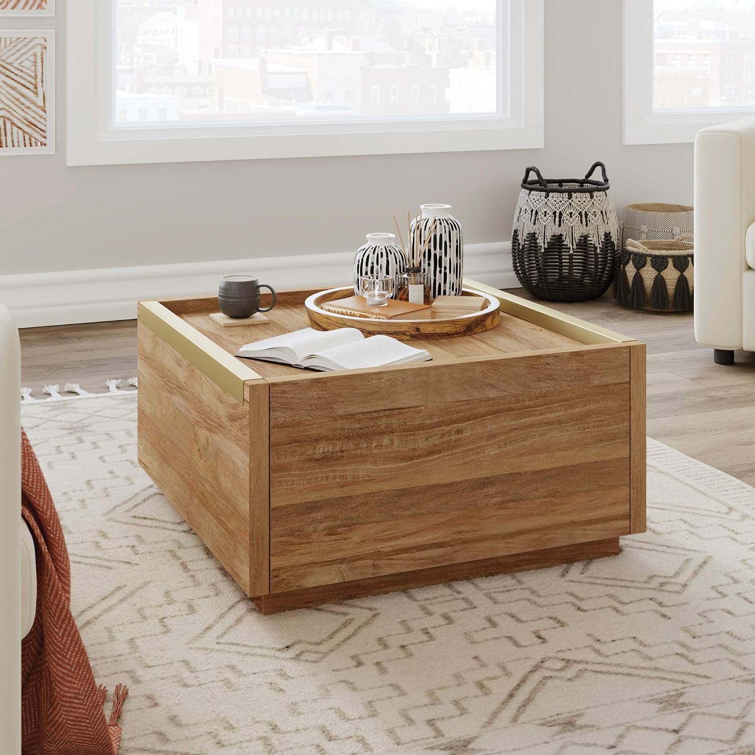 Sauder Manhattan Gate Coffee Table with Storage, Modern Coffee Table, Square Design - Sindoori Mango Finish