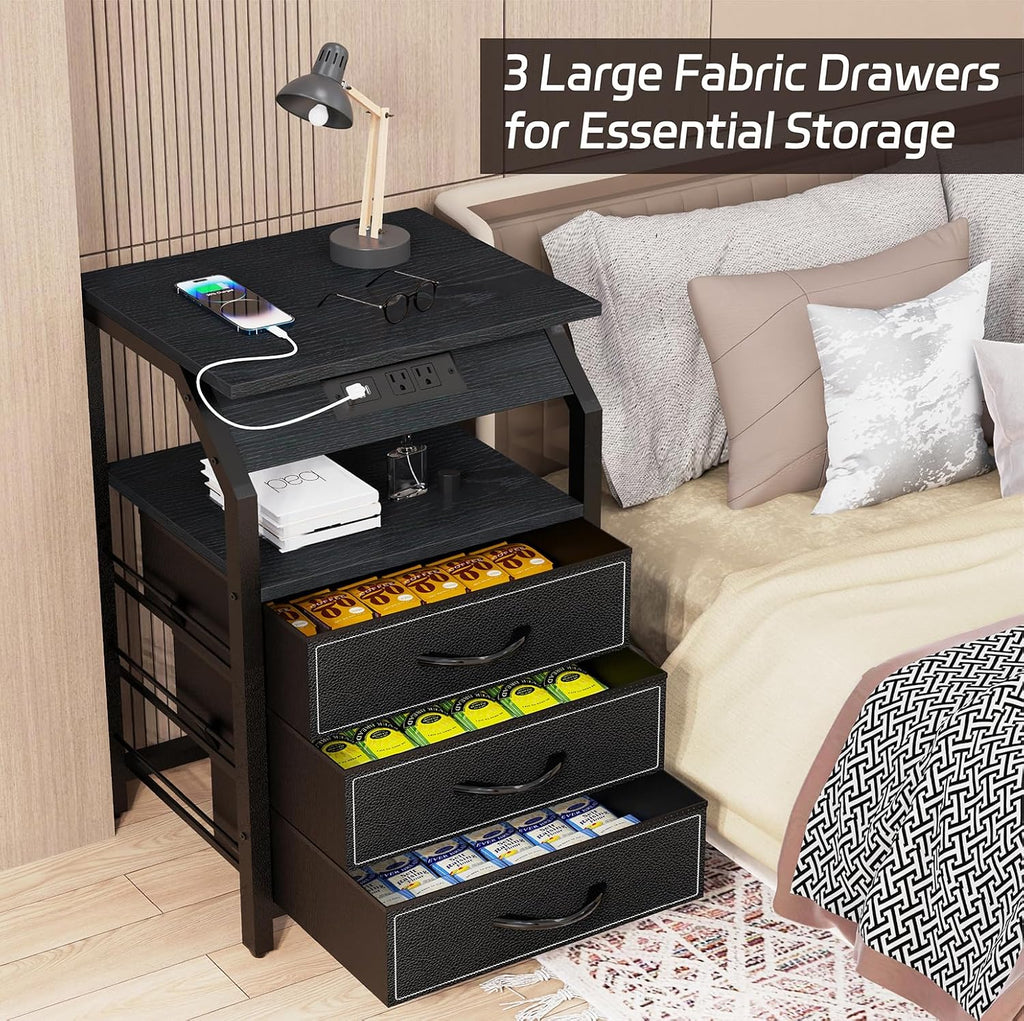 SZLHANJZ End Tables Set of 2, Nightstands with Charging Station and LED Lights, 3 Drawers Fabric Bedside Table, Storage Side Tables for Bedside, Living Room, Modern Black
