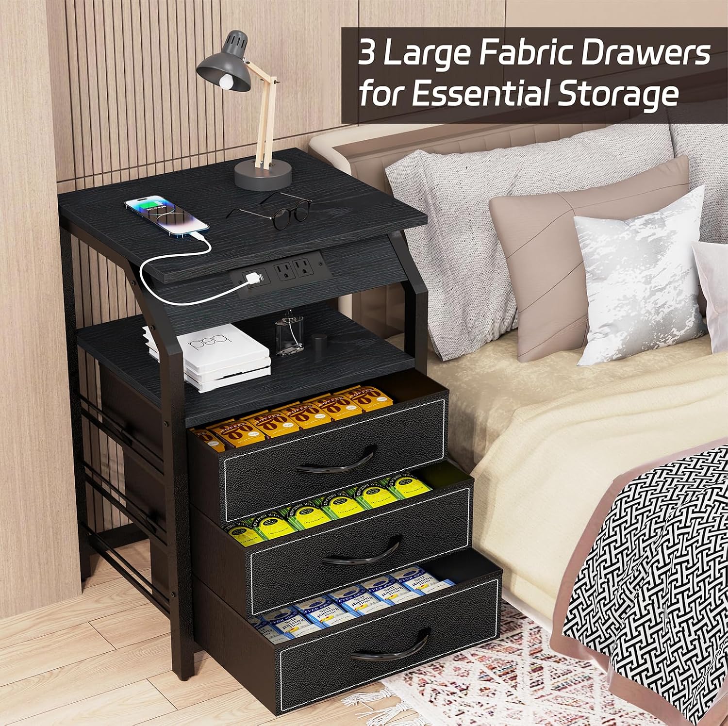 SZLHANJZ End Tables Set of 2, Nightstands with Charging Station and LED Lights, 3 Drawers Fabric Bedside Table, Storage Side Tables for Bedside, Living Room, Modern Black