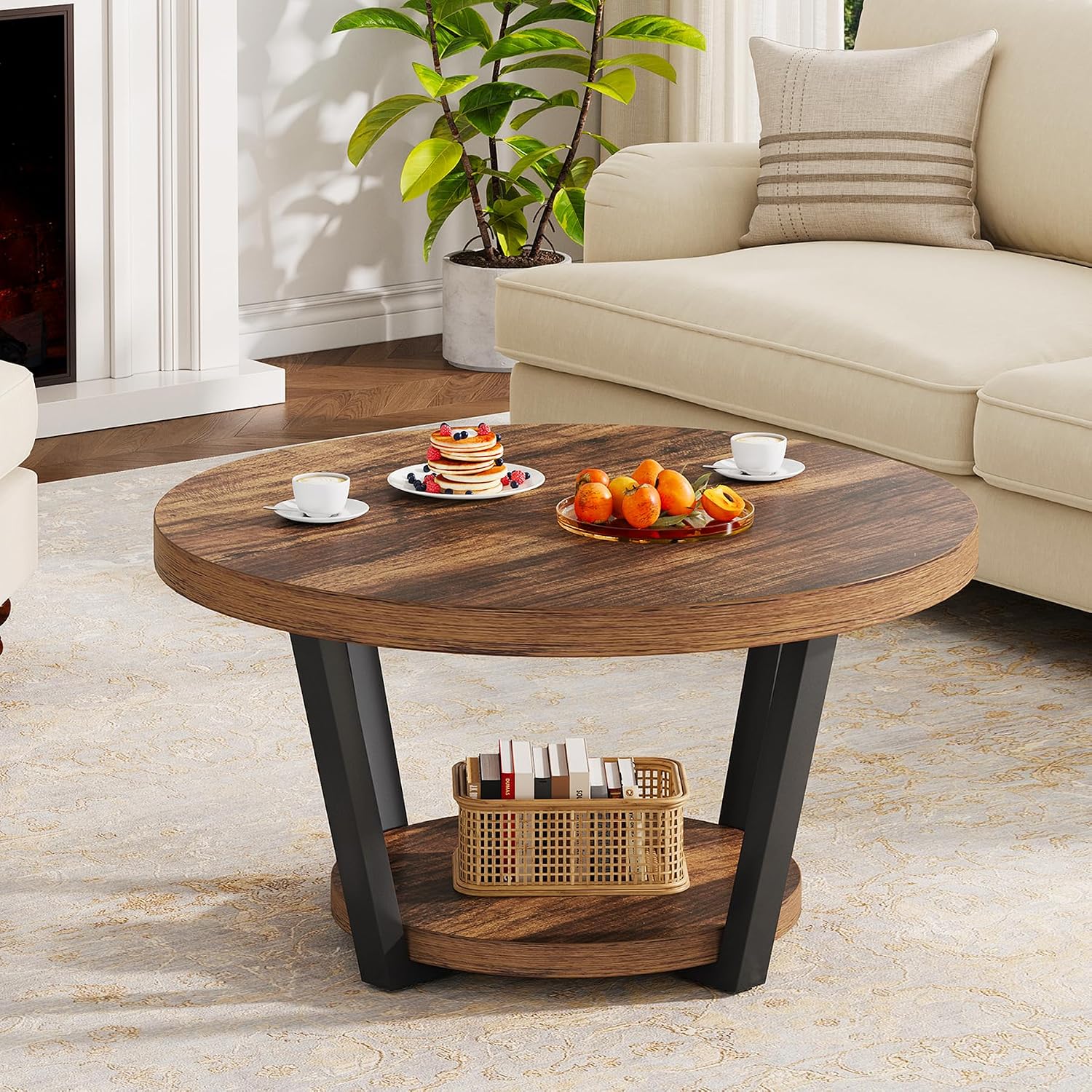 Round Coffee Table with Storage Shelf, 2-Tier Wooden Accent Center Table, Modern Industrial Living Room Furniture, Rustic Brown