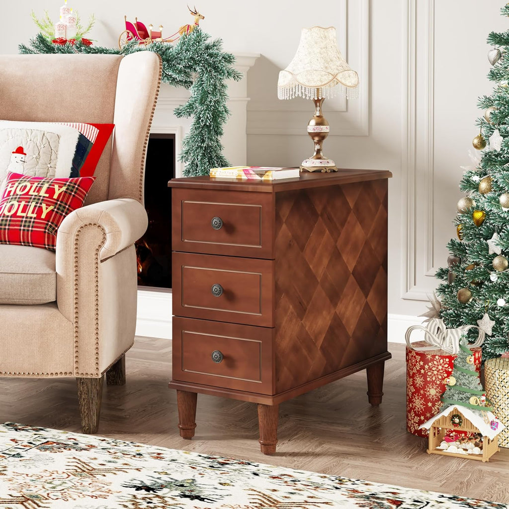 Tribesigns Solid Wood End Table Set of 2, Fully Assembled Narrow Side Table with Drawers, Pre-Assembled Nightstand Slim Bedside Table for Small Spaces, Living Room, Bedroom, Brown