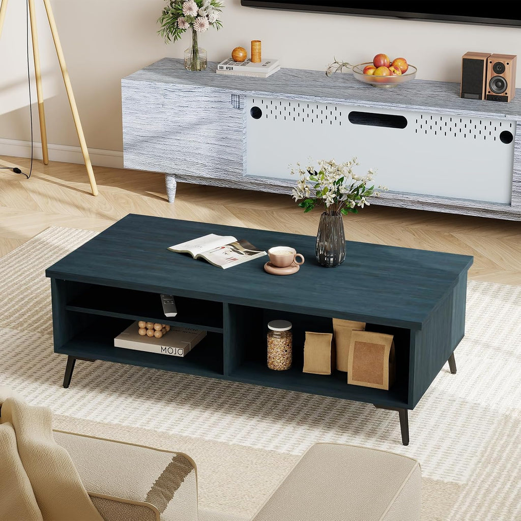 Giantex Mid Century Modern Coffee Table, 2-Tier Wood Rectangular Center Table with Open Storage Shelves, Compartments & Metal Legs, Vintage Living Room Tables for Reception (Charcoal Blue)