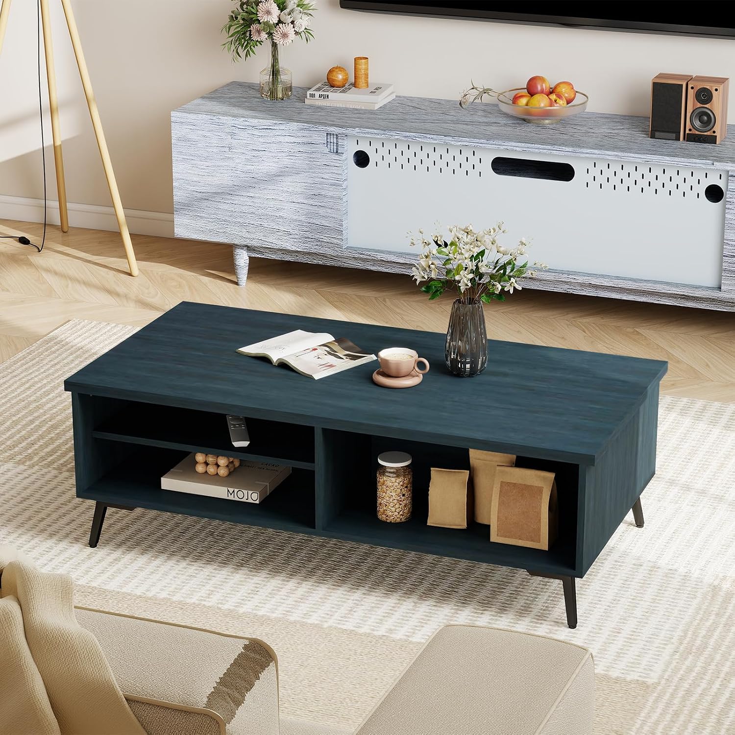 Giantex Mid Century Modern Coffee Table, 2-Tier Wood Rectangular Center Table with Open Storage Shelves, Compartments & Metal Legs, Vintage Living Room Tables for Reception (Charcoal Blue)