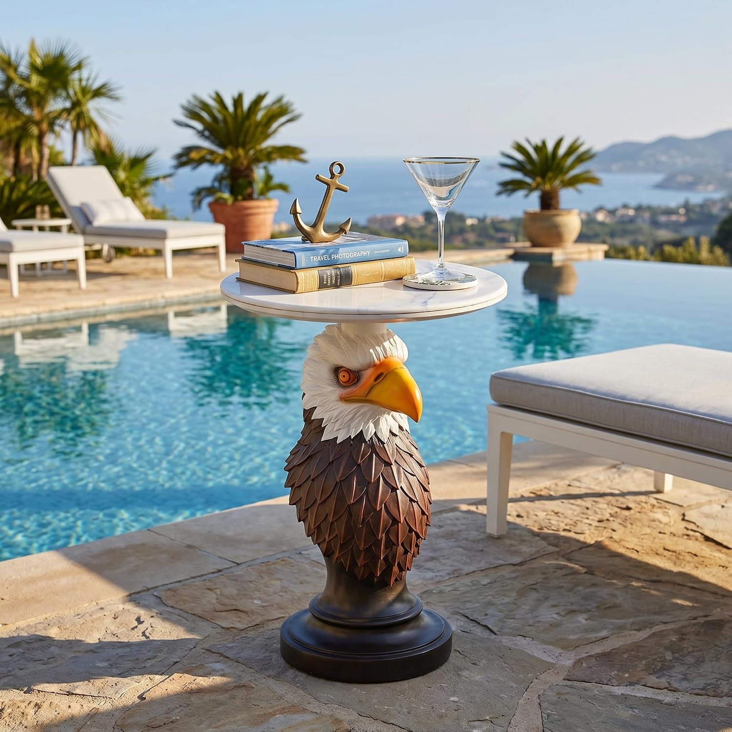 Bald Eagle Sculptural Side Table with Faux Marble Top, 17.72' Round Resin Animal End Table, Unique Eagle Statue Decor for Living Room, Office & Patio, Patriotic Housewarming Gift