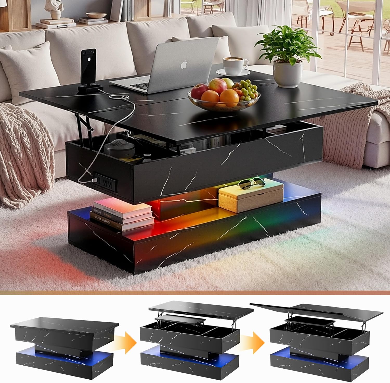 40' Lift Top Coffee Table, 4‑in‑1 Multi-Function Convertible Workstation Table with Storage & Charging Station, Modern Faux Marble Design for Living Room & Small Spaces, Black