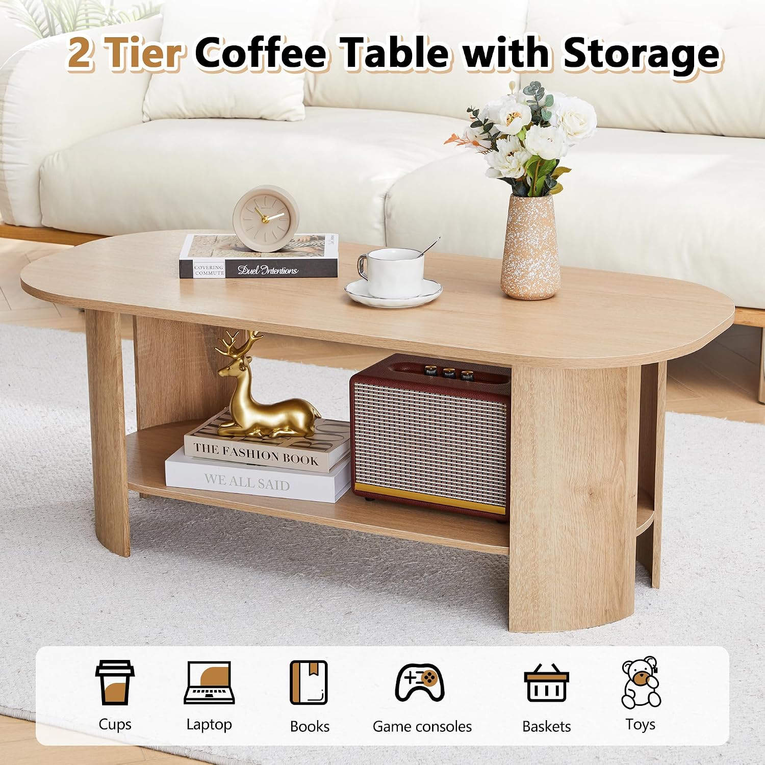 Oval Coffee Table for Living Room, 43.3' Farmhouse Coffee Tables with Storage, 2-Tier Wood Center Table with Storage Shelf Low Tea Table for Small Space, Home, Office, Easy Assembly (Natural)