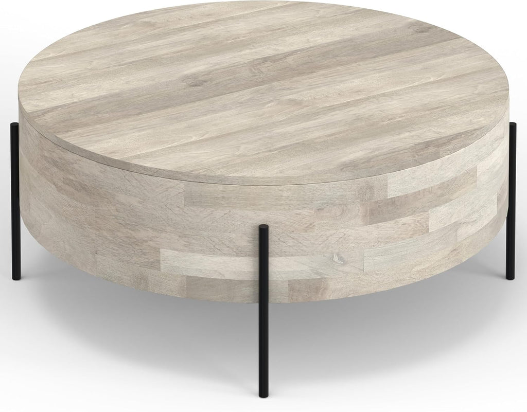 SIMPLIHOME Rayburn Drum Coffee Table - 38 inch Wide Solid Mango Wood Round Living Room Table in White Wash, Modern Urban Center Table for Family Room with Black Metal Legs and Large Surface