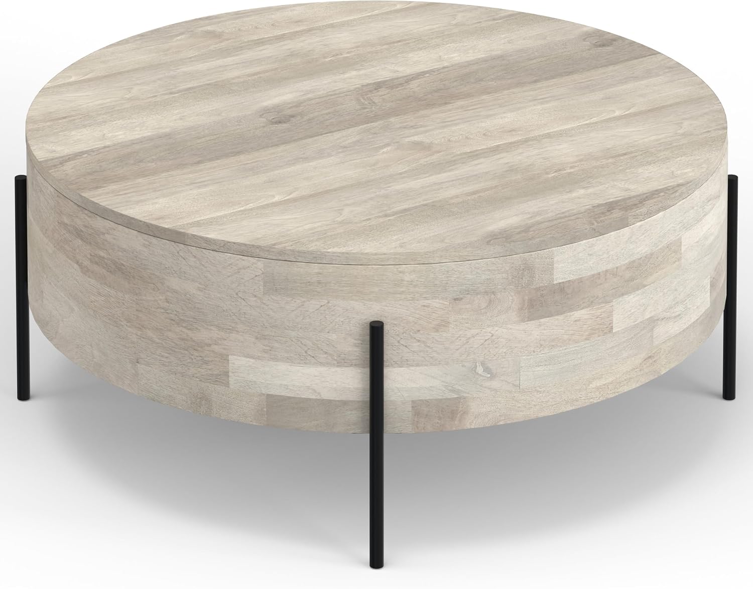 SIMPLIHOME Rayburn Drum Coffee Table - 38 inch Wide Solid Mango Wood Round Living Room Table in White Wash, Modern Urban Center Table for Family Room with Black Metal Legs and Large Surface