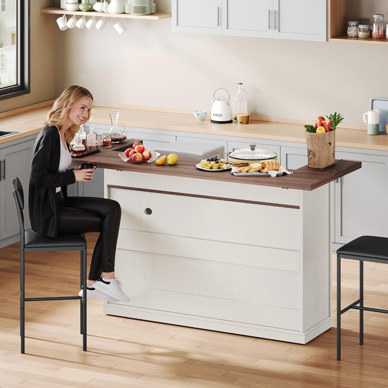 Kitchen Island with Storage, Rolling Kitchen Islands with Storage, 55' W Large Island Table, Breakfast Bar Counter with Drop Leaf, Trash Can Cabinet, Power Outlet for Dining Room, Walnut
