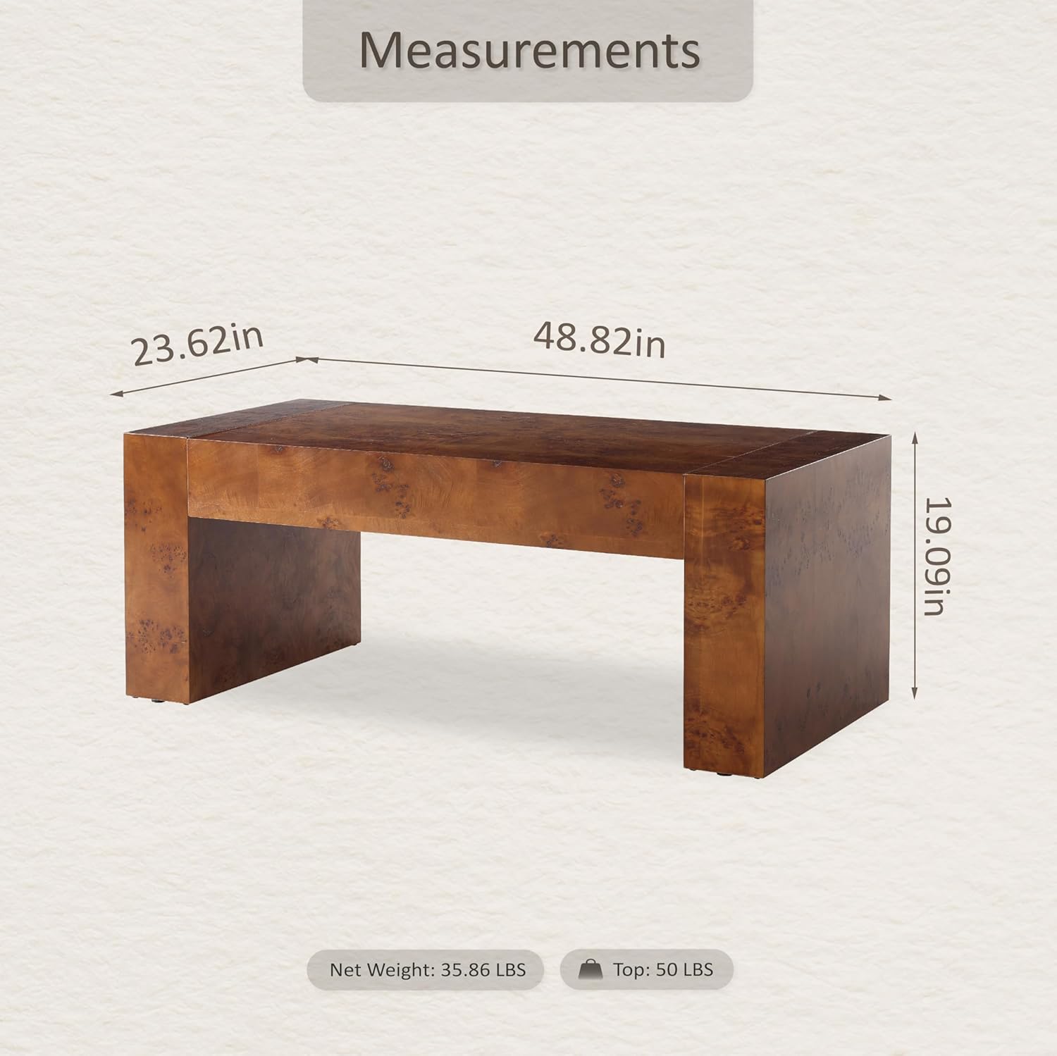 COZAYH Modern Burl Finish Coffee Table, Wood Block Center Table with Thick Legs, Minimalist Rectangular Cocktail Table for Living Room, Dark Brown