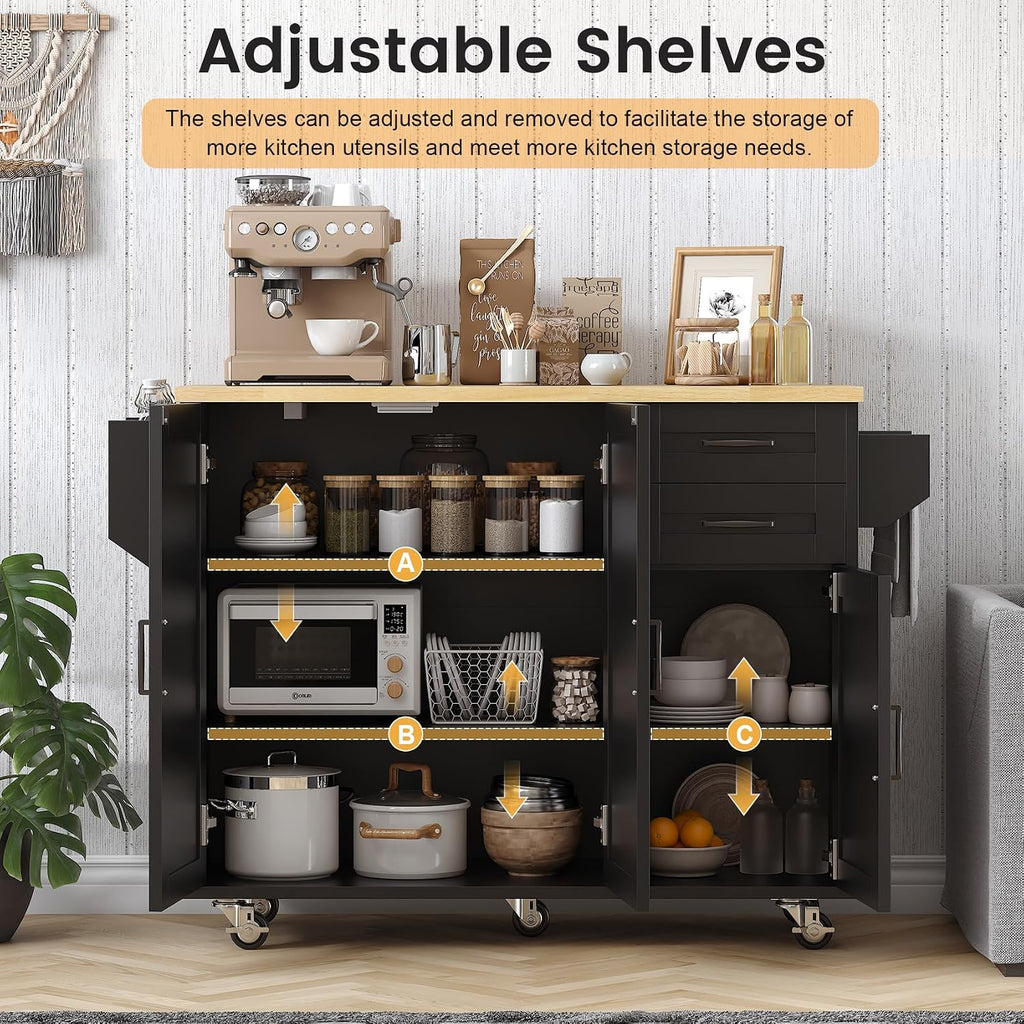 VVFLU Rolling Kitchen Island On Wheels, Kitchen Island Cart with Drop Leaf Countertop, Barn Door Kitchen Island Table with Storage Cabinet and 2 Drawer, 5 Wheels, Towel Rack and Spice Rack, Black