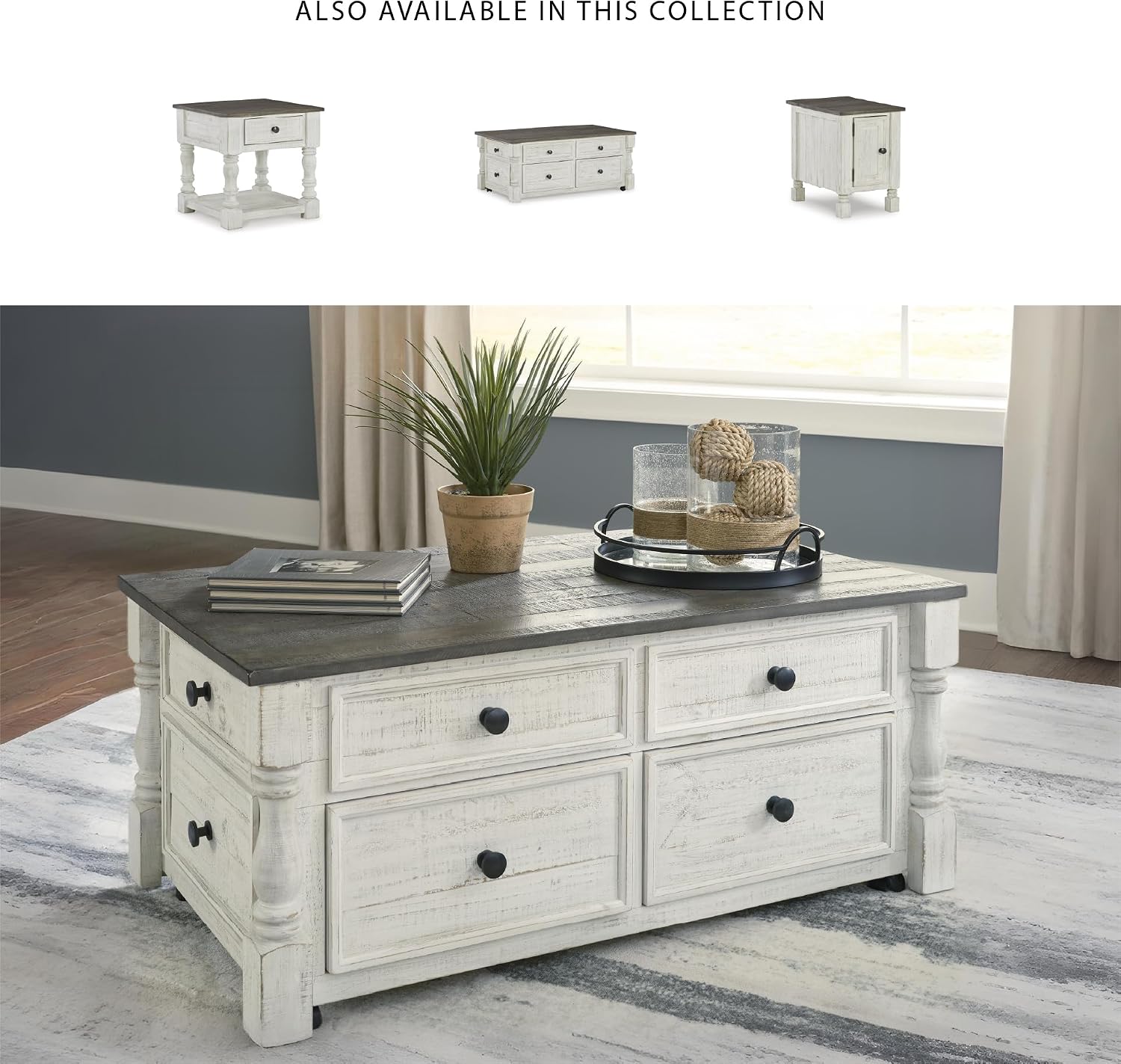 Signature Design by Ashley Havalance Farmhouse Lift Top Coffee Table with 4 Storage Drawers and Small Storage Tray, Whitewash
