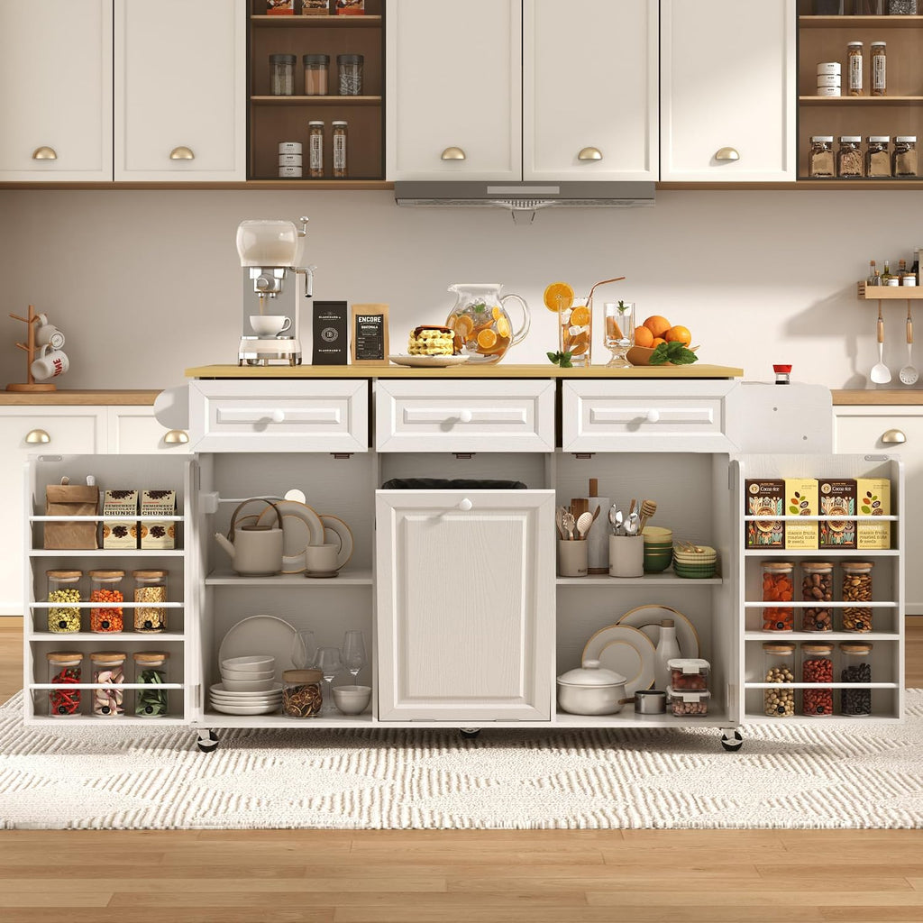 St.Mandyu 62 inch Rolling Kitchen Island with Power Outlet, Drop Leaf & Storage Cabinet - Mobile Cart with Hidden Trash Cabinet, Spice Rack, Shelves, and Towel Holder for Small Spaces,White