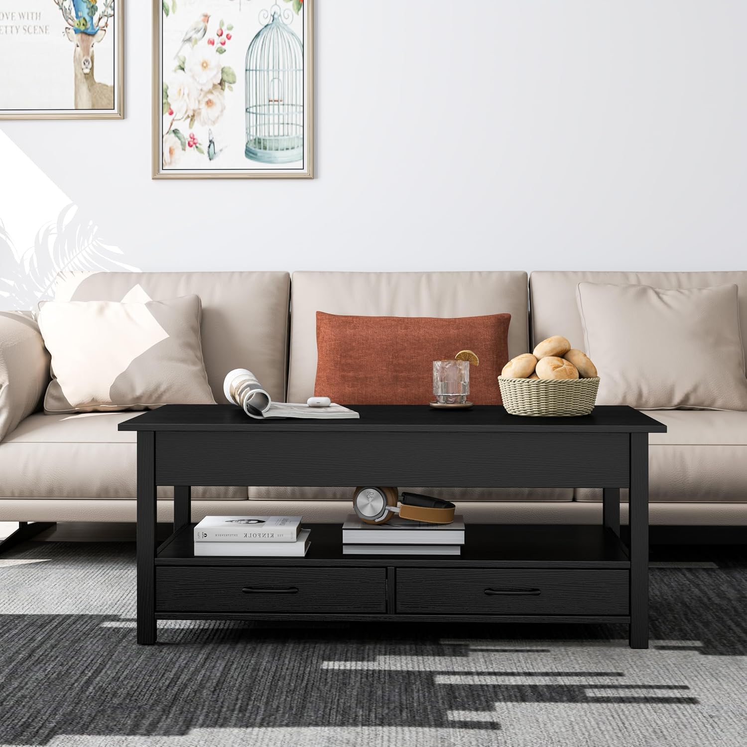Panana Coffee Table, Lift Top Coffee Table with Hidden Compartment, 2 Drawers and 1 Open Shelf, Retro Central Wooden Table Lift Tabletop for Living Room (Black)
