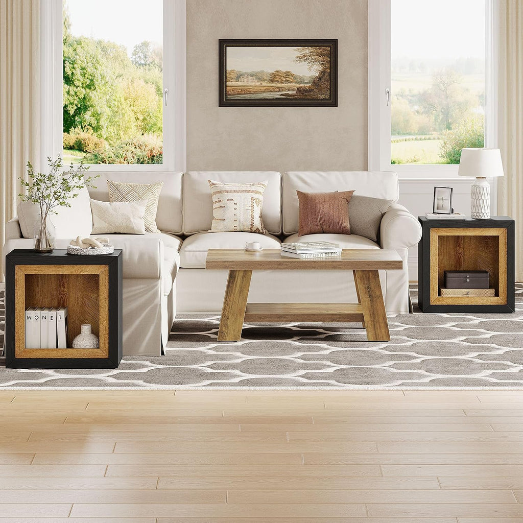 Tribesigns Modern End Table Set of 2 with Frame-Inspired Design, Industrial Wood Set 2 Cube Side Table with Large Storage Shelf, Sofa Couch Tables Accent for Living Room, Entrance